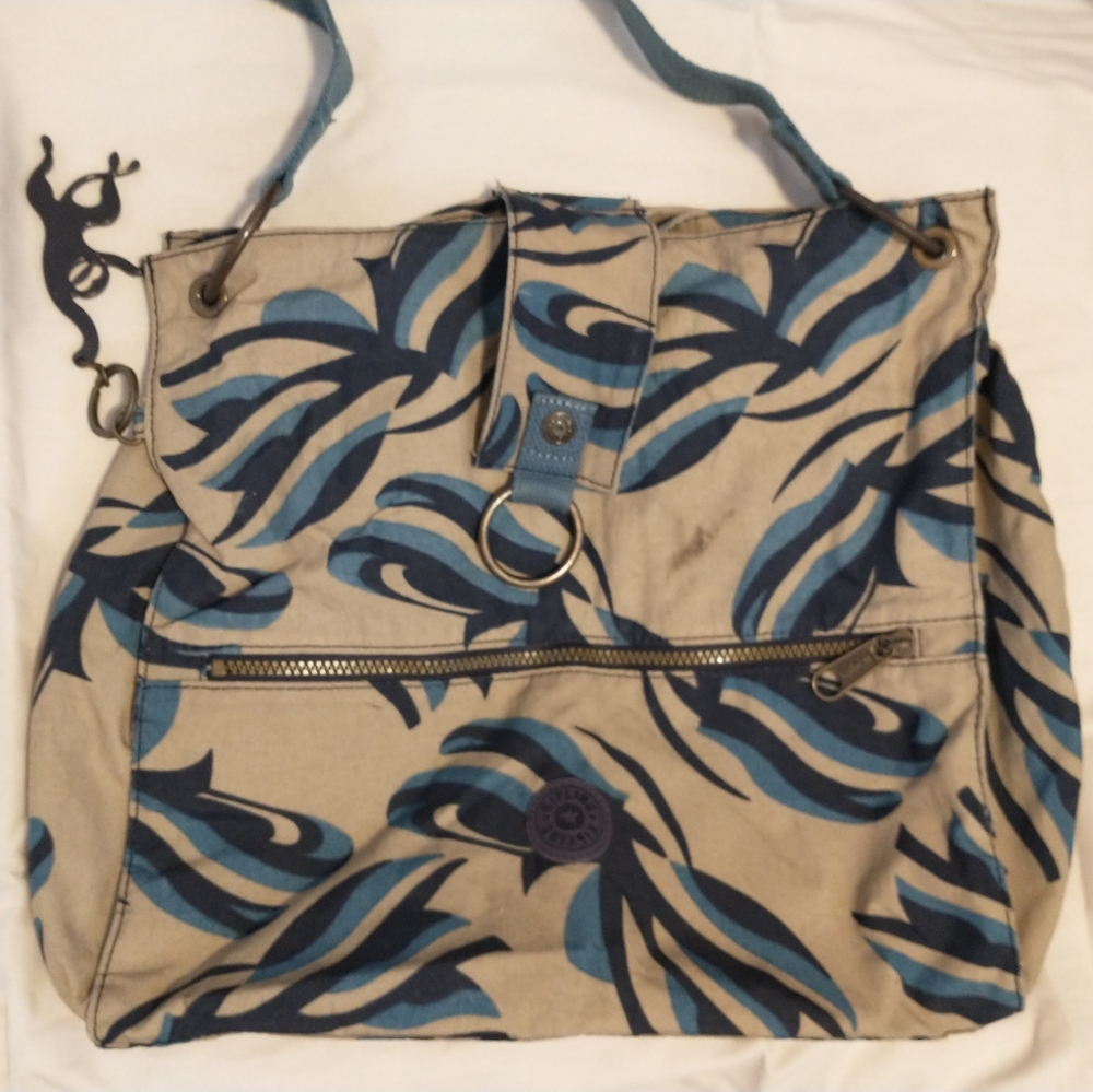Kipling Tan with blue print Nylon Bag Purse